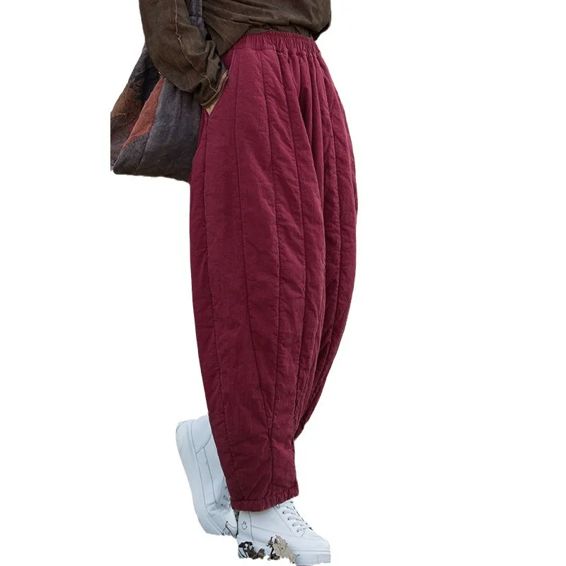 24-Panel Quilted Carrot Pants - Stonewashed Linen-Blend Winter Trousers