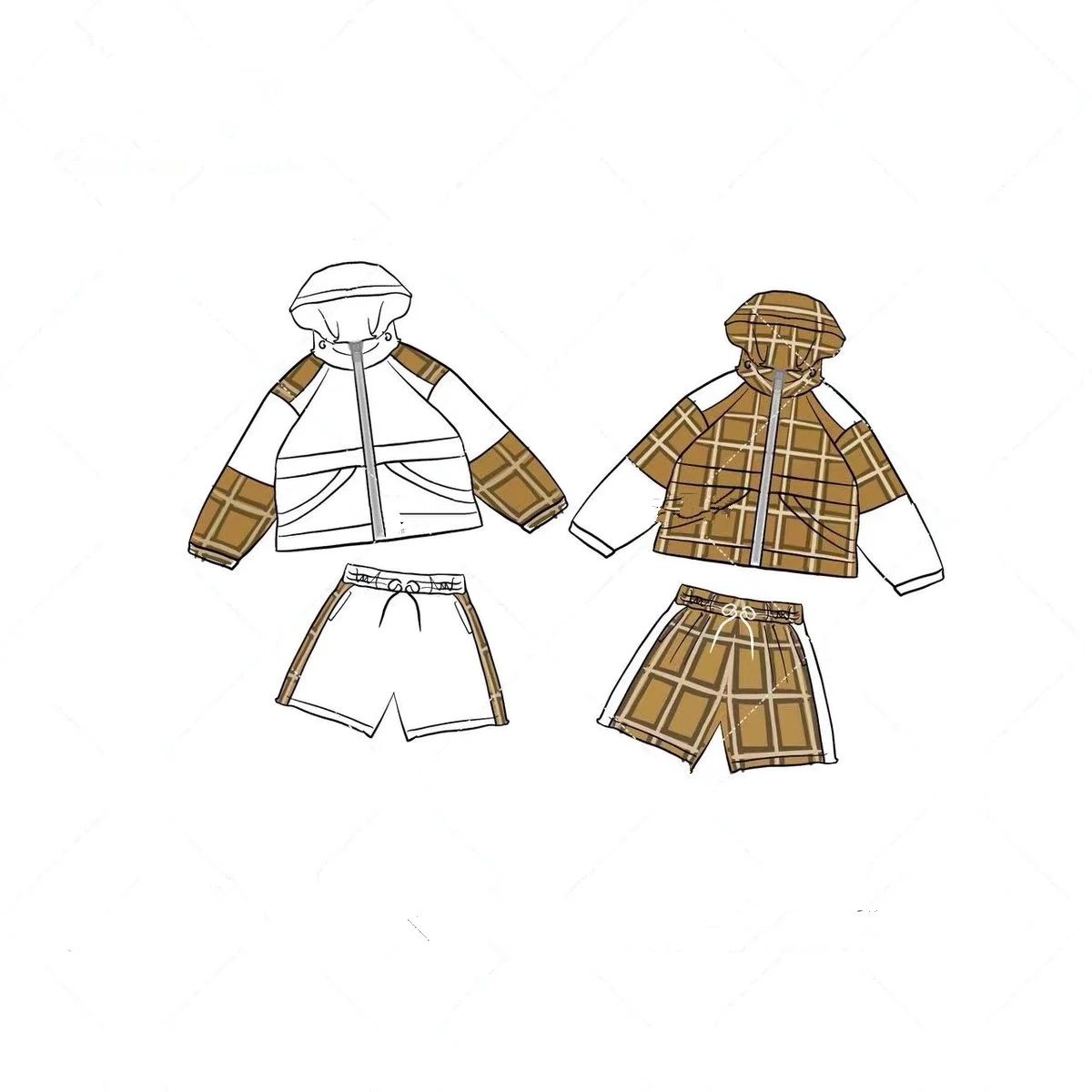 

Summer new men's and women's checkered patchwork hooded sunscreen jacket+shorts set