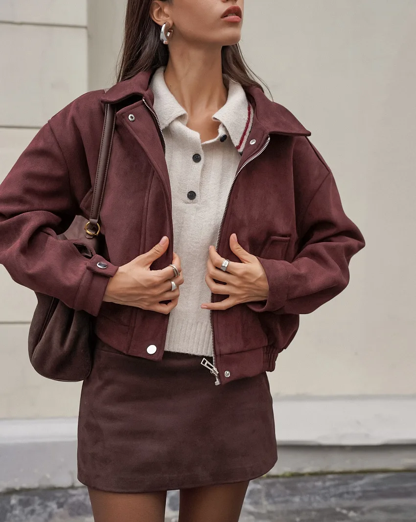 

Women's Retro Red Brown Suede Jacket Loose Collar Casual Top for Autumn Winter Fashionable Outerwear