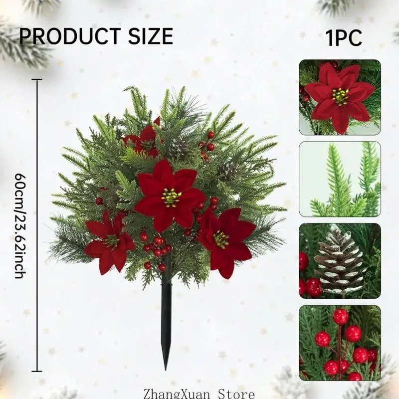 Weihnachtsgarten-Blumenstecker mit roter Blumenform, 23,6 Zoll hoch, Weihnachtsdekoration für Verandatöpfe, Eingangsbereich – Detail 6