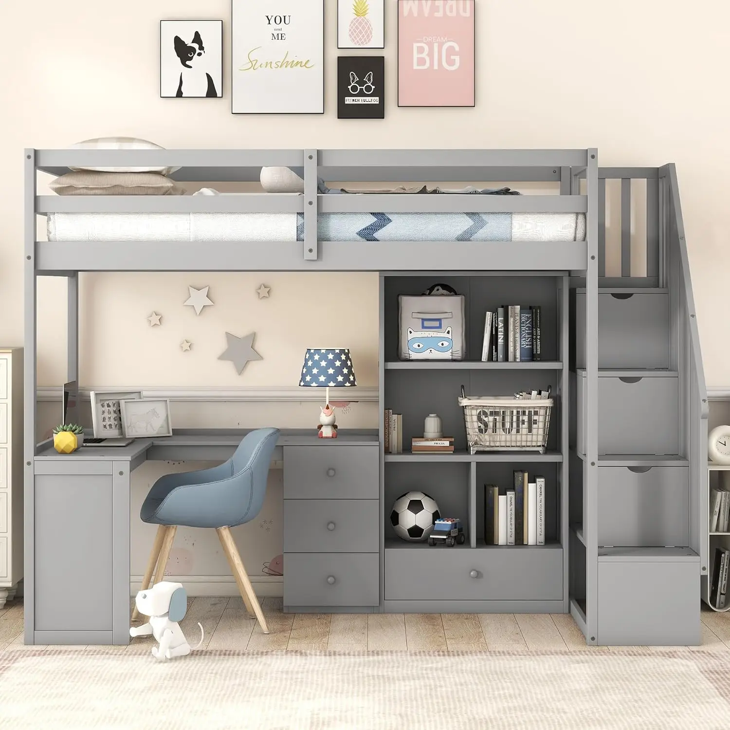 Twin Loft Bed with Stairs and L-Shaped Desk, Wood Loft Bed with Storage Staircase, Twin Size Loft Bed with Bookcase