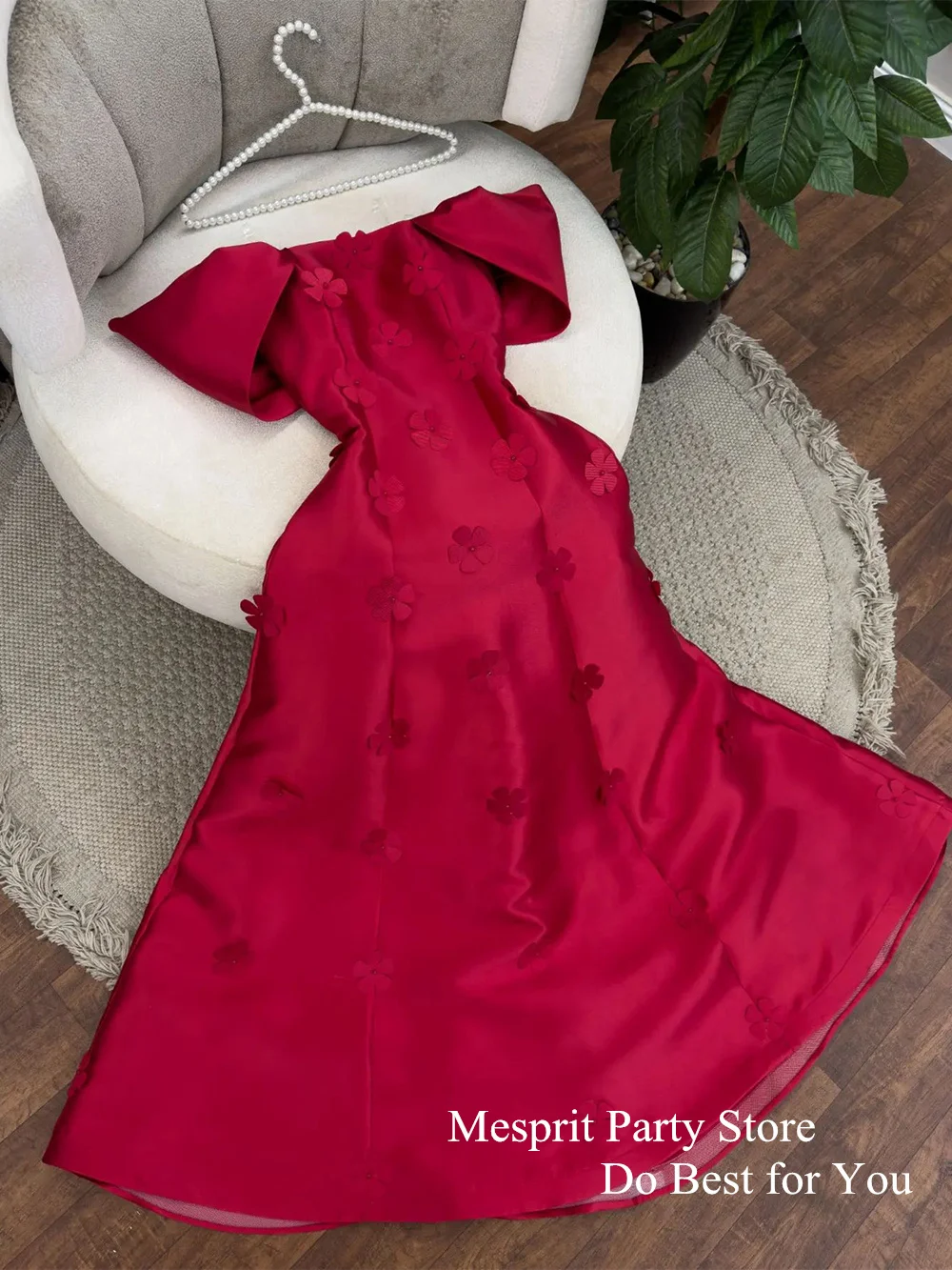 Red Evening Dress Elegant Off The Shoulder 3d Flowers Satin A Line Prom Gown Floor Length Dubai Party Dresses Corset Back