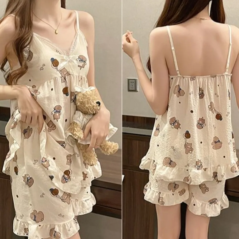 

Sweet Flower Bear Suspender Shorts Suit Ruffle V-Neck Two Piece Sleepwear Loose with Padded Camisole Shorts Pajamas Home
