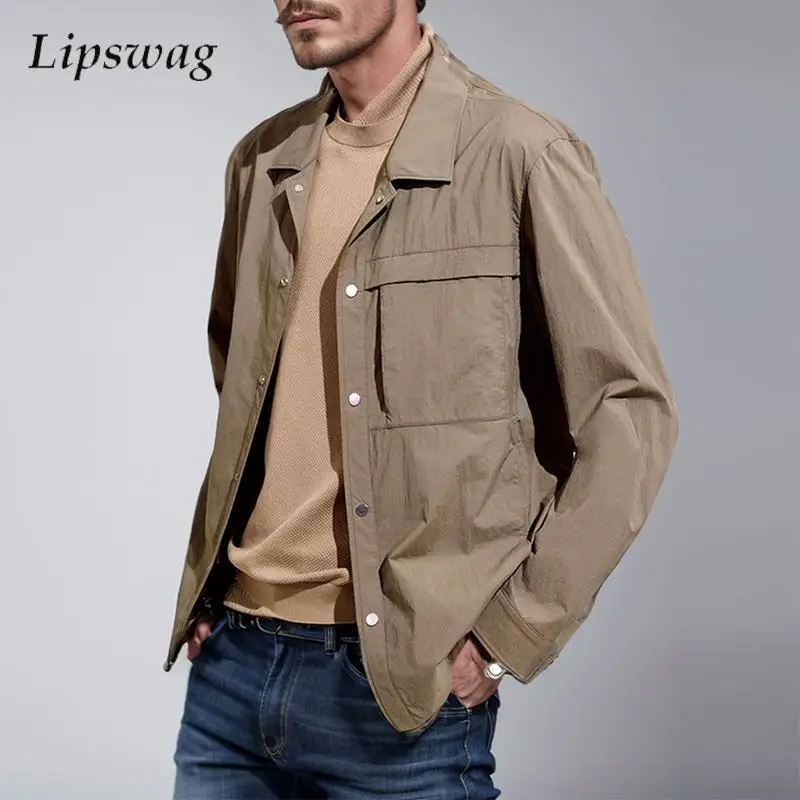 

Vintage Patchwork Pockets Cargo Jackets Mens Casual Long Sleeve Buttoned Lapel Coats For Men Autumn Fashionable Solid Color Coat