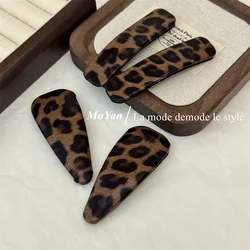 Korean version new leopard print leather triangular BB clip retro rectangular hairpin high-end side clip bangs broken hair clip