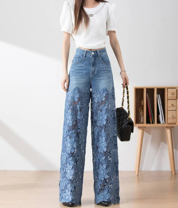 

Denim Pant Women Jeans Wide Leg Long Pants Hollow Out Floral High Waist Straight Trousers Y2k Streetwear Temperament Summer