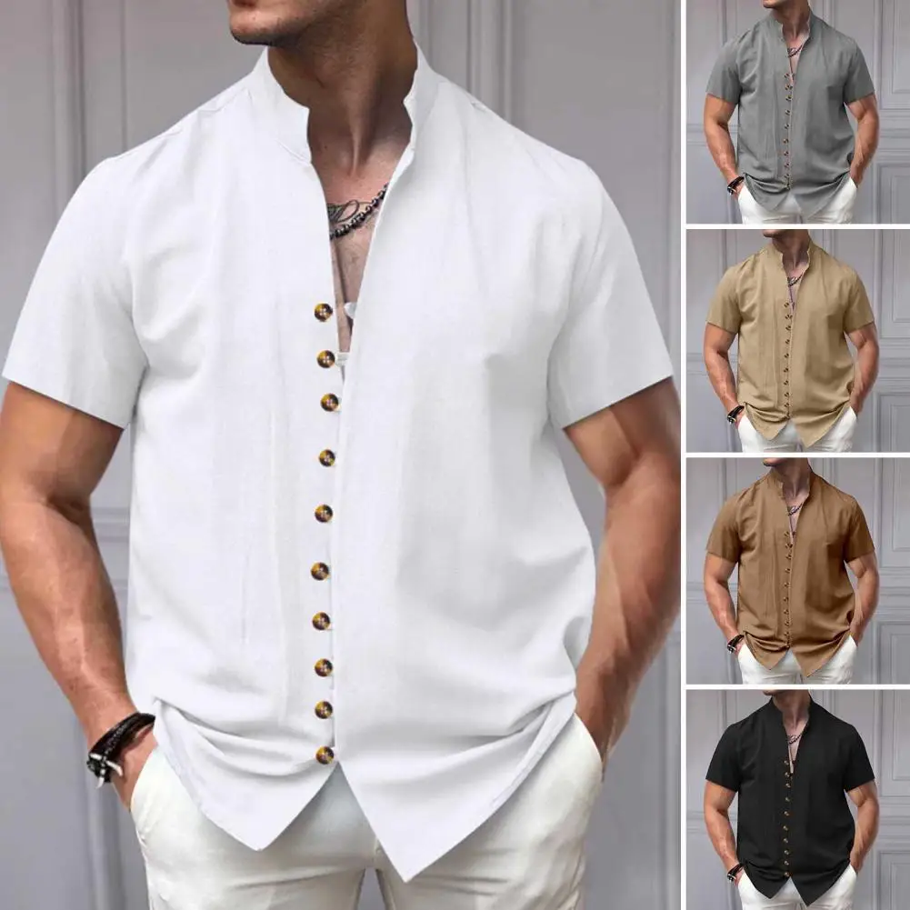 Men Linen Shirt Short Sleeve Button Down Stand Collar Casual Solid Color Lightweight Breathable Beach Shirt for Daily Wear