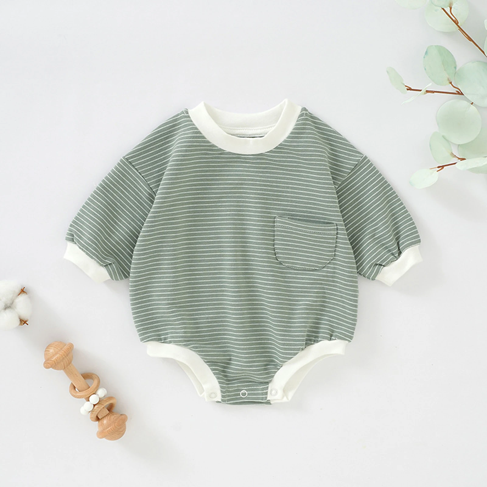 Infant Baby Casual Striped Rompers Spring Fall Clothes Outfits Long Sleeve Round Collar Press Button Bodysuit with Chest Pocket