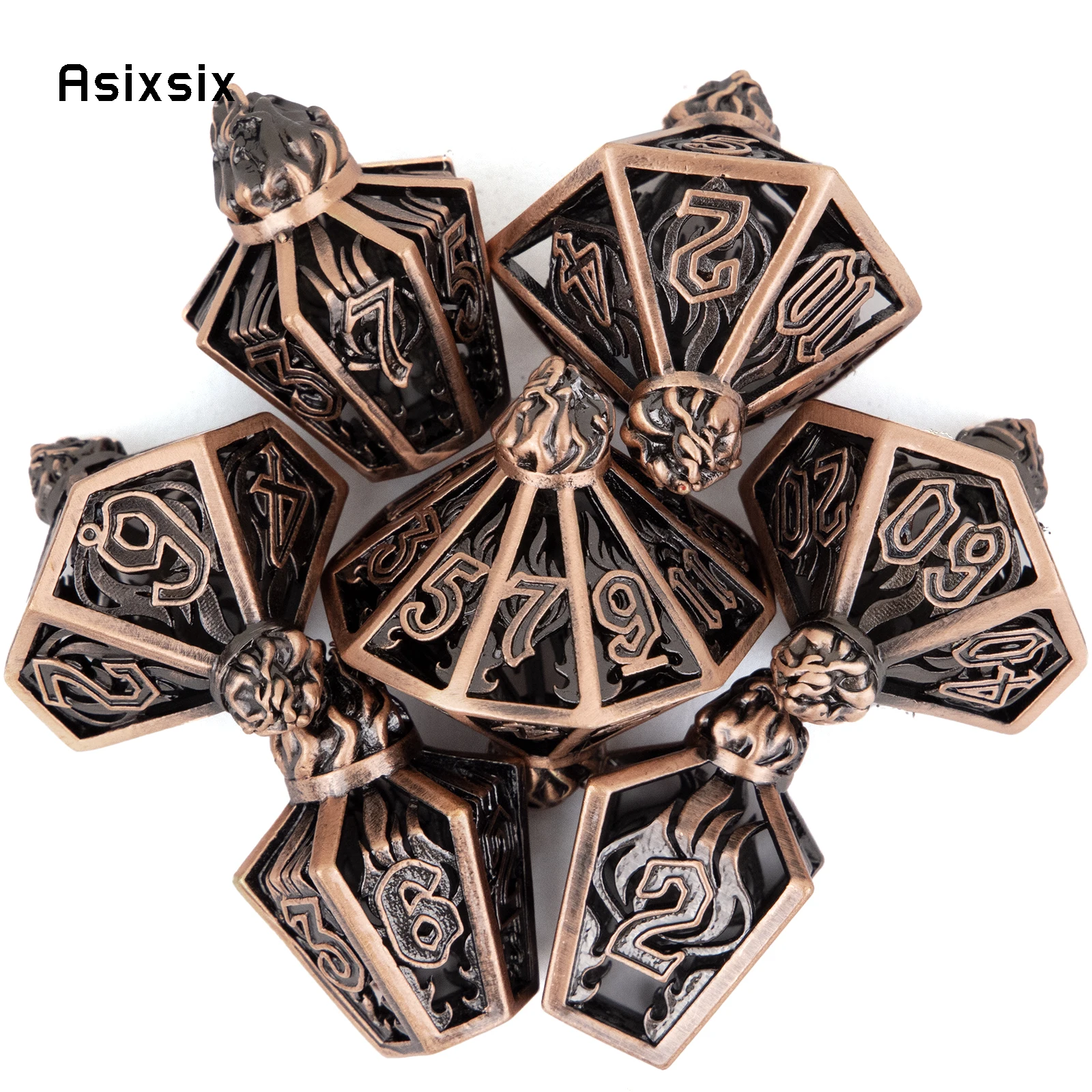

7 Pcs Copper Flame Metal Dice Hollow Metal Polyhedral Dice Set Suitable for Role-Playing RPG Board Game Card Game