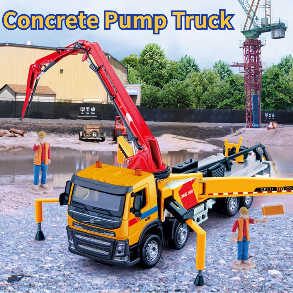 

1/50 Alloy Large Engineering Vehicle Model Toy Volvo Concrete Cement Pump Truck Sound Light Arm Frame Extendable Gifts for Boys