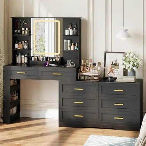 Makeup Vanity Desk with Mirror and Lights, Dresser Combo, Black | Straight or L-Shaped Layout, 8 Drawers, 6 Open