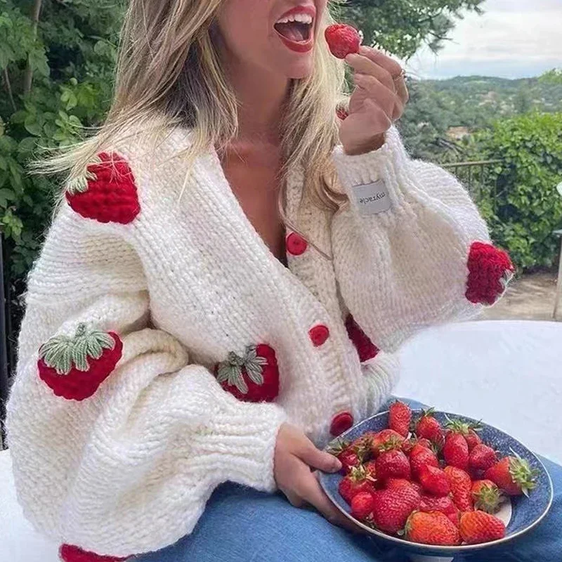 Autumn Winter Sweet Cardigan Long Sleeve Sweater V-neck Knitted Embroidery Strawberry Sweaters Women Clothes Coat Vintage 28541