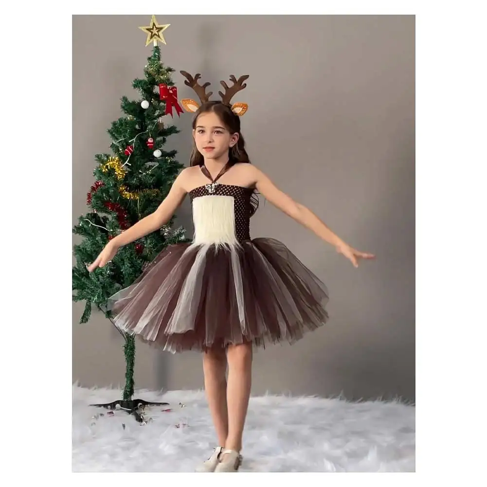 Kids Girls Elk Cosplay Reindeer Tutu Dress Costume Christmas Stage Performance Children Clothing Headband Halloween Party Suit