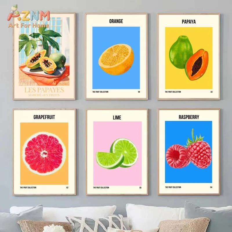 AZNM Retro Fruit Canvas Wall Art Papaya Orange Lime Raspberry Grapefruit Colorful Boho Illustration Print Frameless Canvas Paint
