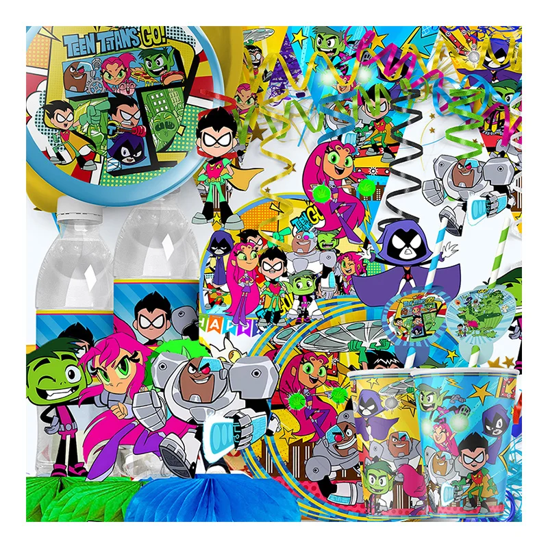 Teen Titans GO Theme Party Decorations Disposable Tableware Baby Shower Birthday Party Supplies Cup Plate Tablecloth Toy Set