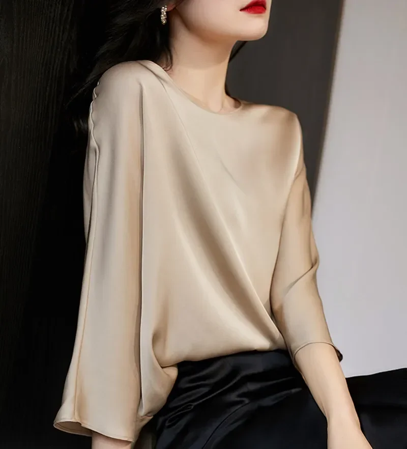 Goddess Feel Early Autumn Women Silk Top Long Sleeve Top Smooth Elastic Satin Loose Double Sided Silkworm Women\'s Silk Shirt