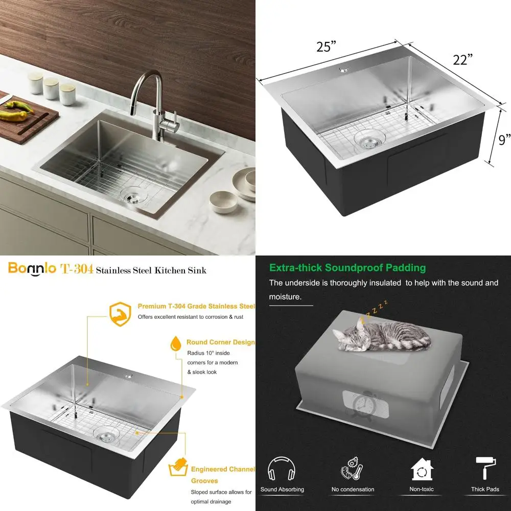 

25 Inch Top Mount Drop-in Farmhouse Kitchen Sink with 18 Gauge Stainless Steel and Sink Protector, Workstation Sink for Durable