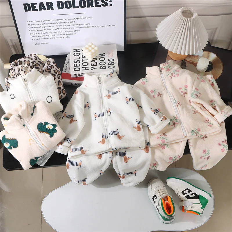 Kids Fleece Clothing Sets Winter Boys Girls Plus Velvet Warm Suits Autumn Coat And Pants 2Pcs Children Fashion Print Outfits