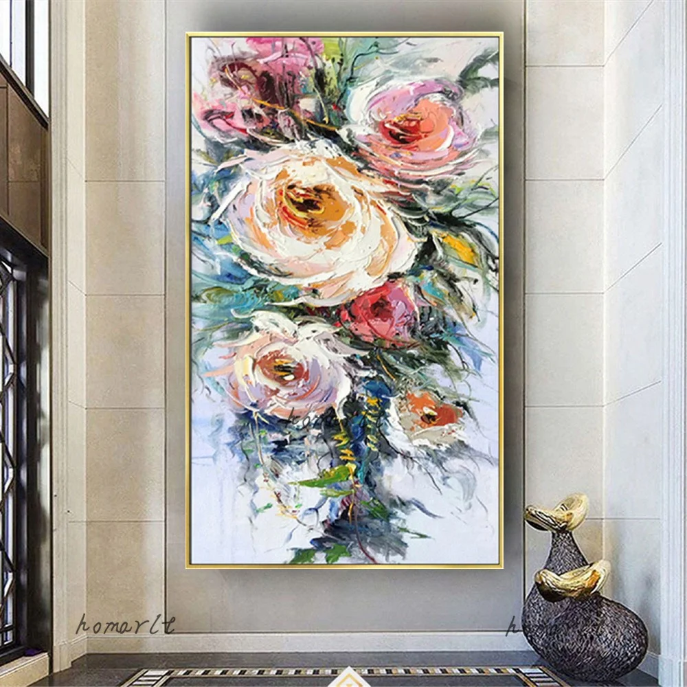 

Nordic Large Oil Painting Handmade Floral Wall Art Decor Picture On Canvas Original Pretty Flowers Poster For Home Room Office