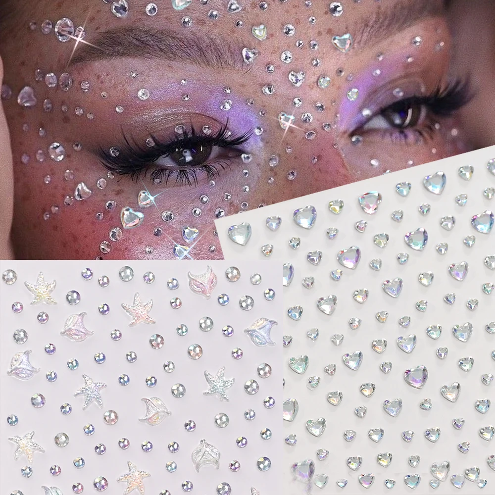 1Pcs 5D Heart Round Rhinestones Face Gem Tattoo Sticker Aurora Crystal Love Starfish Mermaid Diamond for Makeup Body Eyes Decals
