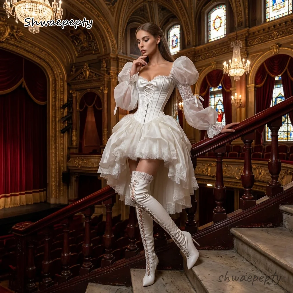 Vintage Victorian Corset Prom Dress High Low A-Line Short Cosplay Party Costume Puff Long Sleeves Evening Dress Customized