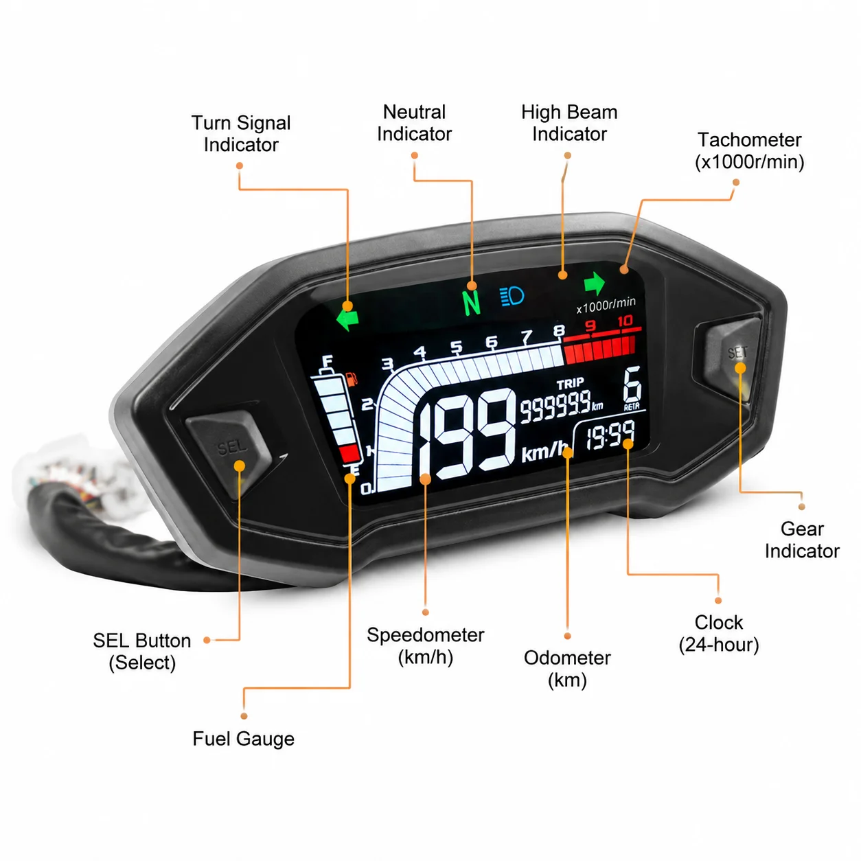 Motorcycle Digital Speedometer Tachometer Dashboard LCD Display, Max 10000 RPM, Compatible with 2–4 Cylinder Engines