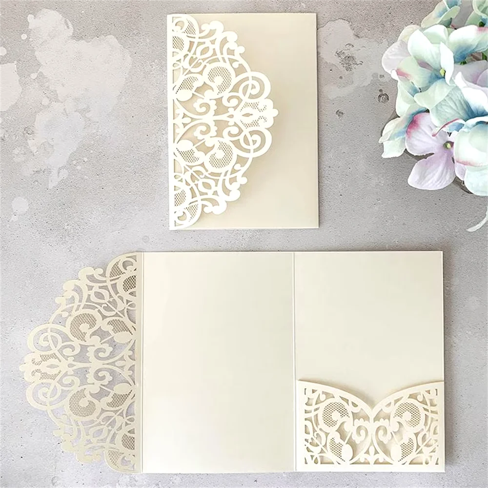 

Ivory Laser Cut Invitation Sleeve, Pocket Fold Card For Wedding Engagement Bridal Shower Graduation, 50 Sets Customized Invite.