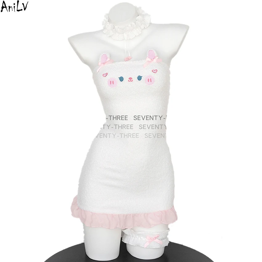 AniLV Anime Cartoon Cute Bear White Cat Uniform Warm Plush Short Dress Outfits Cosplay Nightdress Pajama Costume