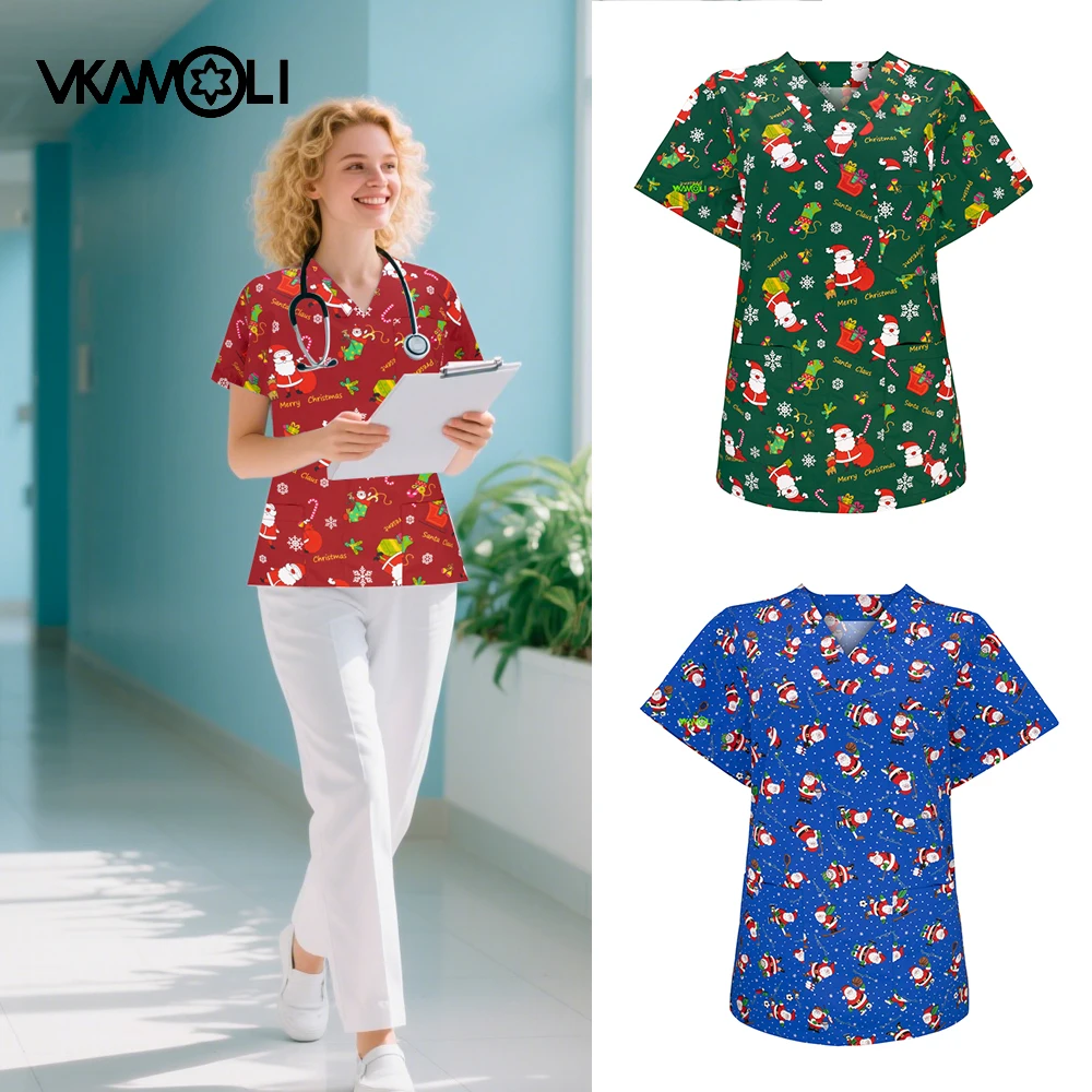 2025 Autumn/Winter New Christmas Cartoon Printed Scrub Top for Doctors, Nurses in Pediatric and Dental Hospitals