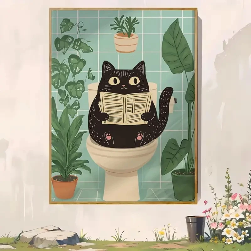 Um engraçado mural de gato de banheiro, combinado com plantas e flores, é perfeito para decorar as paredes das salas de estar e quartos