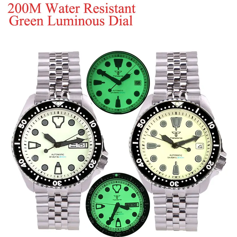 

Diver 200M Water Resistant Tandorio 41MM Green Luminous White Dial Automatic NH36A/NH35A Men Watch Sapphire Glass 3.8 Crown