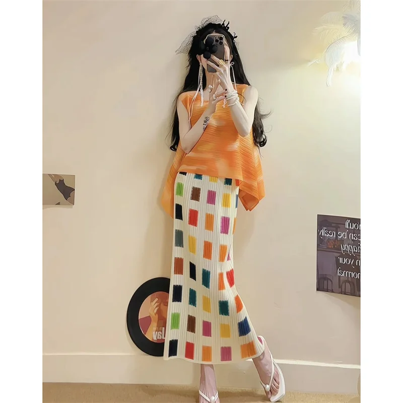 

2026 Women's Summer New Luxury Beach Skirt Seaside Vacation Style Printed Pleats Skirts Set Fashion High Waist Long Skirts Suits