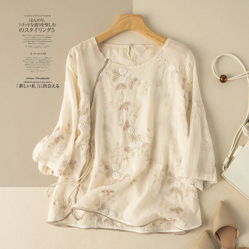 Chinese Style Women\'s Shirt Summer Cotton Linen Vintage Blouses Embroidery Clothing Loose Short Sleeve Women Tops