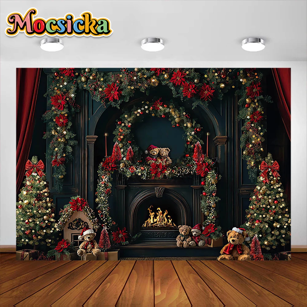 Christmas Photography Background Xmas Tree Fireplace Garland Decoration Supplies Family Portrait Photo Backrops Studio Props