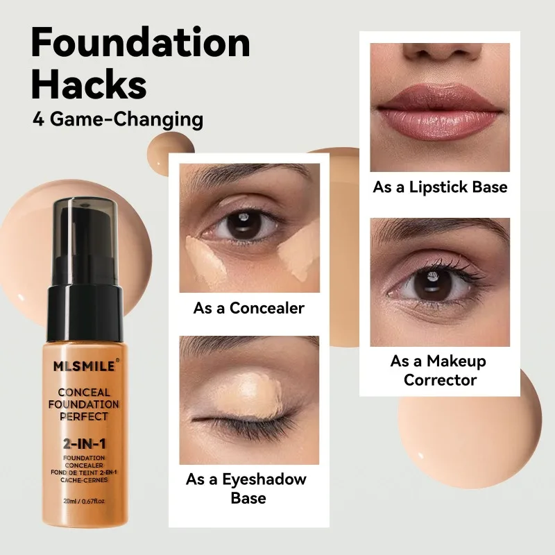 2-In-1 6 Color Oil Control Liquid Foundation and Conceal Long-Lasting Waterproof Face Comestics Natural Brighten Concealer 20ML