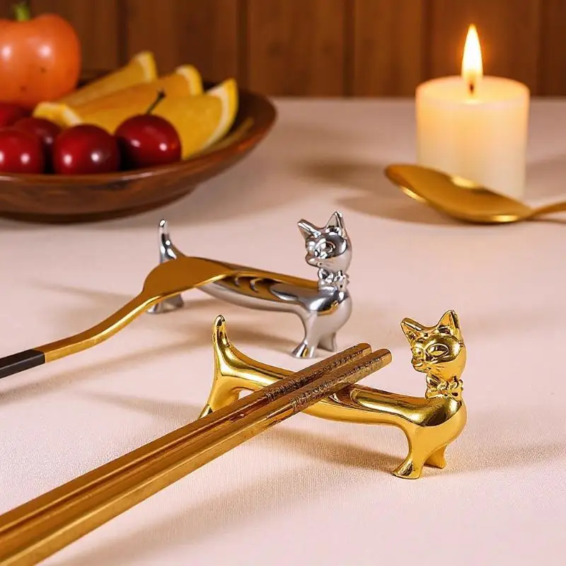 1Pcs Stainless Steel Chopsticks Rack Fork Storage Holder Durable Cat Design Chopstick Holder Art Craft Table Decoration