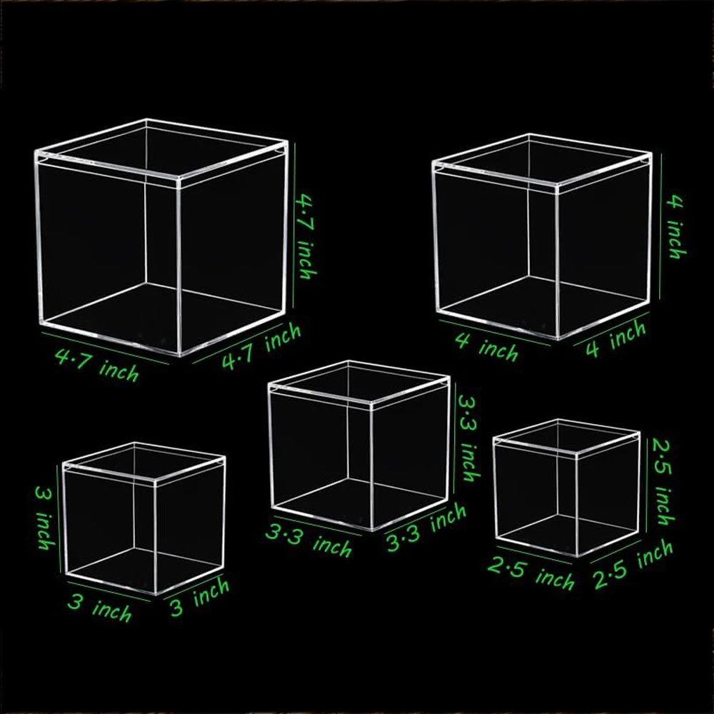 4.7/4/3.3/3/2.5 inch Clear Acrylic Box with Lid, Jewelry Display Box, Plastic Square Cube Decorative Storage Boxes for Candy