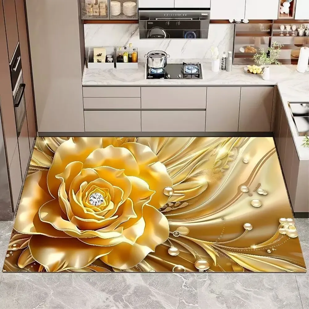 

3D Gorgeous Golden Floral Kitchen Mat Decoration Home Large Area Living Room Carpet Bedroom Cloakroom Anti-slip Rug Customizable