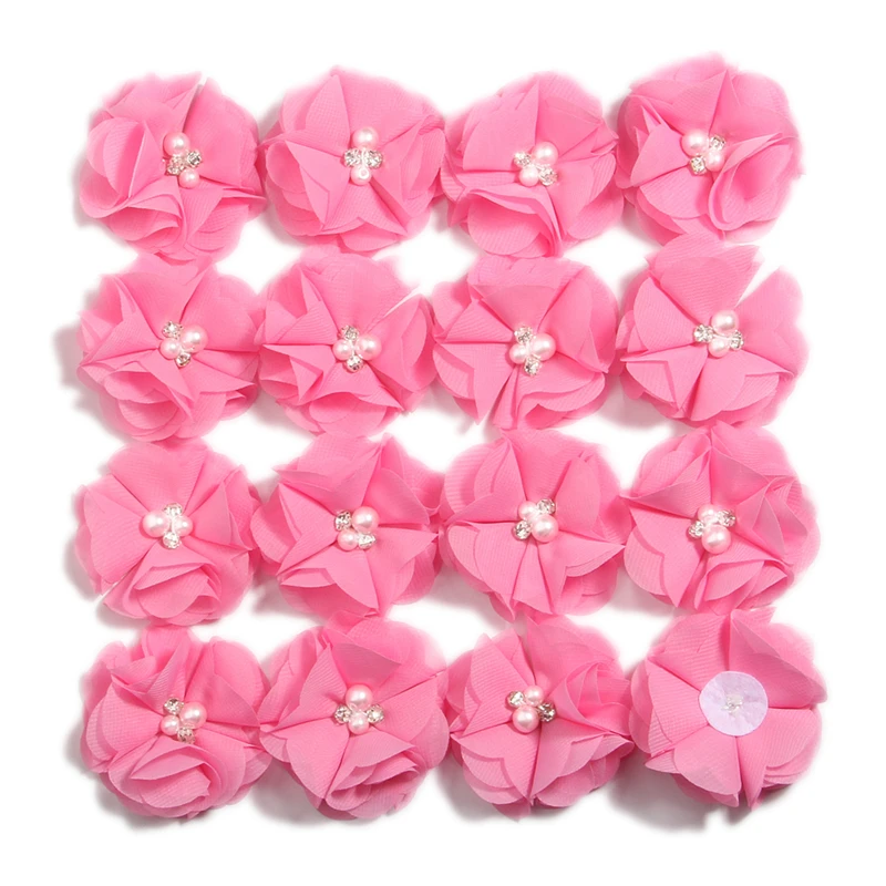 

100PCS 5cm 2" Chic Chiffon Fabric Flowers for Baby Headbands Pear Rhinestone Flower For Women Girls Hair Accessories