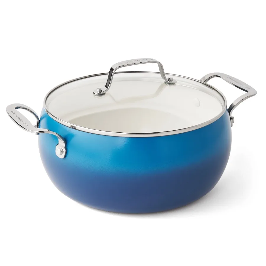 

7.5 Qt Non-Stick Stock Pot with Lid - Ideal for Cooking Soups Stews and Pasta in Denim Blue Finish
