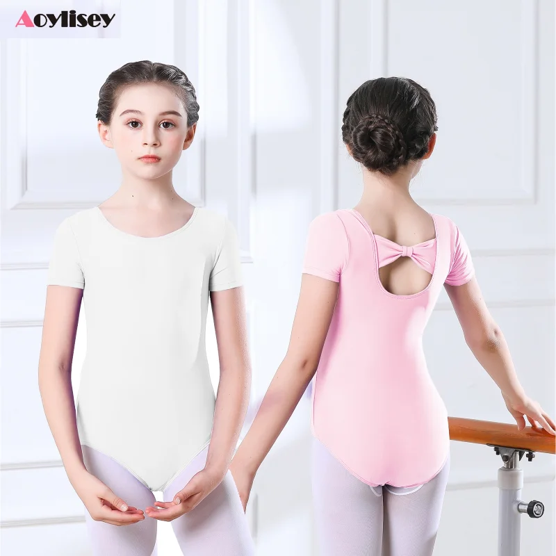 ชุดรัดรูปสำหรับเต้นบัลเลต์เด็กผู้หญิงชุดยิมนาสติกชุดรัดรูปแขนสั้นผูกโบว์กลวงเครื่องแต่งกายสำหรับการแสดงบนเวทีในงานปาร์ตี้