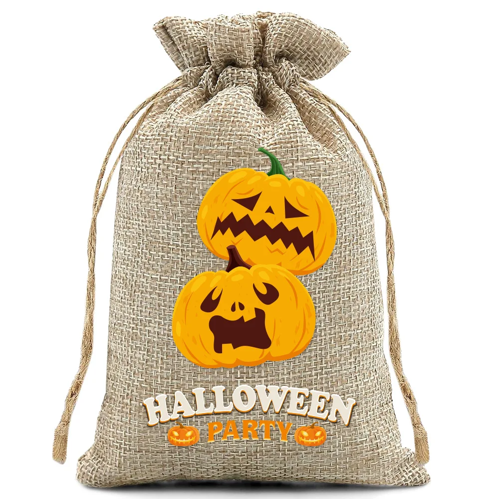 50Pcs/lot 10*15cm Pumpkin Ghost Skull Printed Drawstring Linen Pouches Halloween Children's Party Gifts Storage Bags