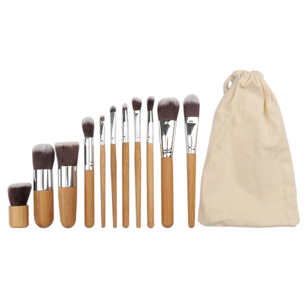 Conjunto de pincéis de maquiagem com cabo de bambu natural, 11 peças, base de alta qualidade, mistura de cosméticos, conjunto de ferramentas de maquiagem com bolsa de algodão