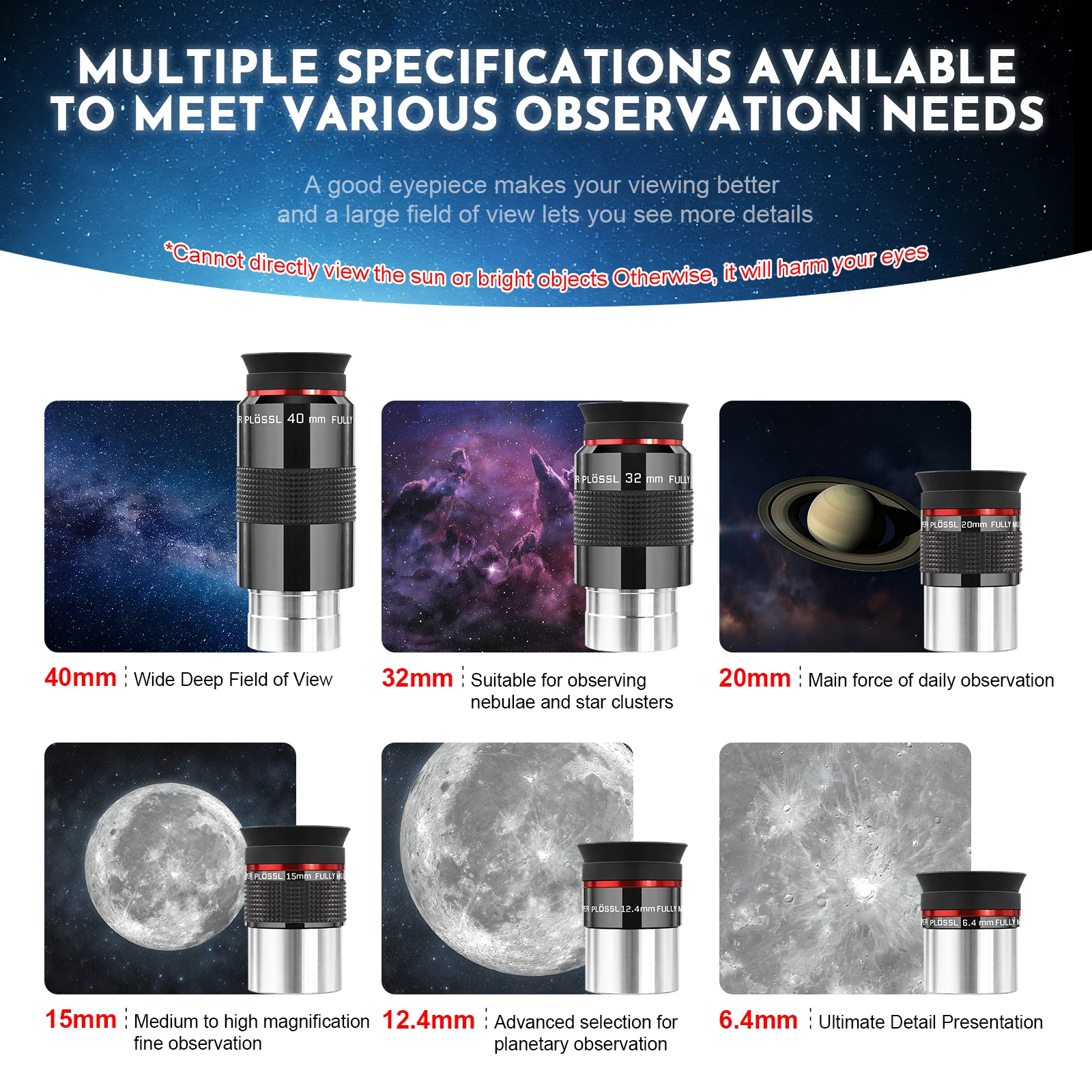 Datyson 52-degree PL Plossl Telescope Eyepiece, 6.4/12.4/15/20/32/40mm, High-Quality Accessory for Astronomical Telescopes