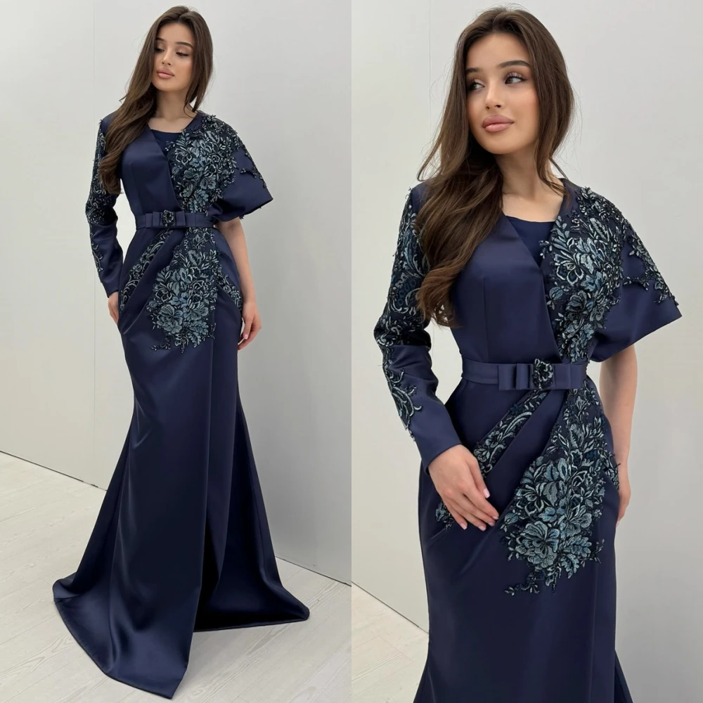 

Customized Luxury Satin Evening Dress Delicate Long Sleeves O-Neck Prom Dresses Temperament Appliques Special Occasion Gowns