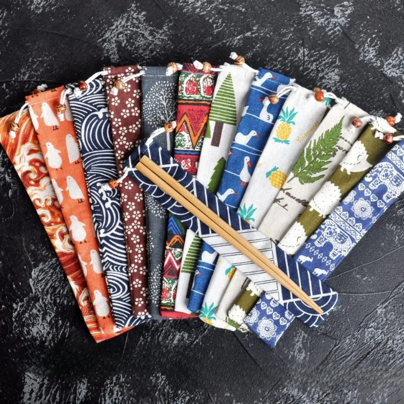1pc Japanese Style Drawstring Utensil Bag Portable Cotton Linen Pouch for Chopsticks Spoon Straw Travel Cutlery Storage