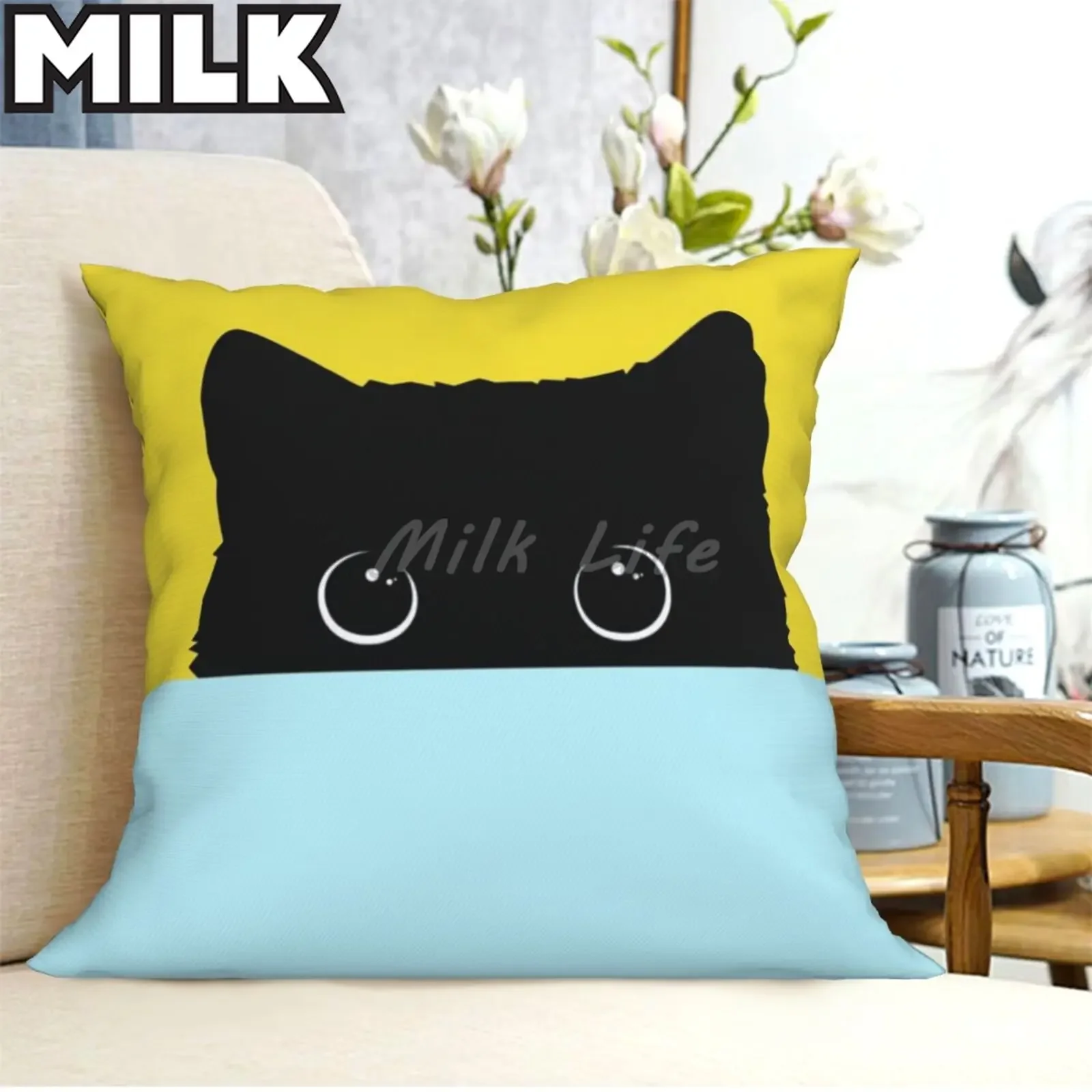 Spliced Yellow Light Blue Kawaii Black Cat  Pillowcase Bedroom Sofa Chair Waist Pillow Cover Home Room Car Party Cushion Cove