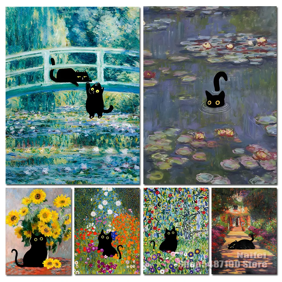 Full Diamond Painting DIY Funny Black Cat Picture Of Rhinestones Flowers Landscape Diamond Embroidery Lotus Pond Decor For Home