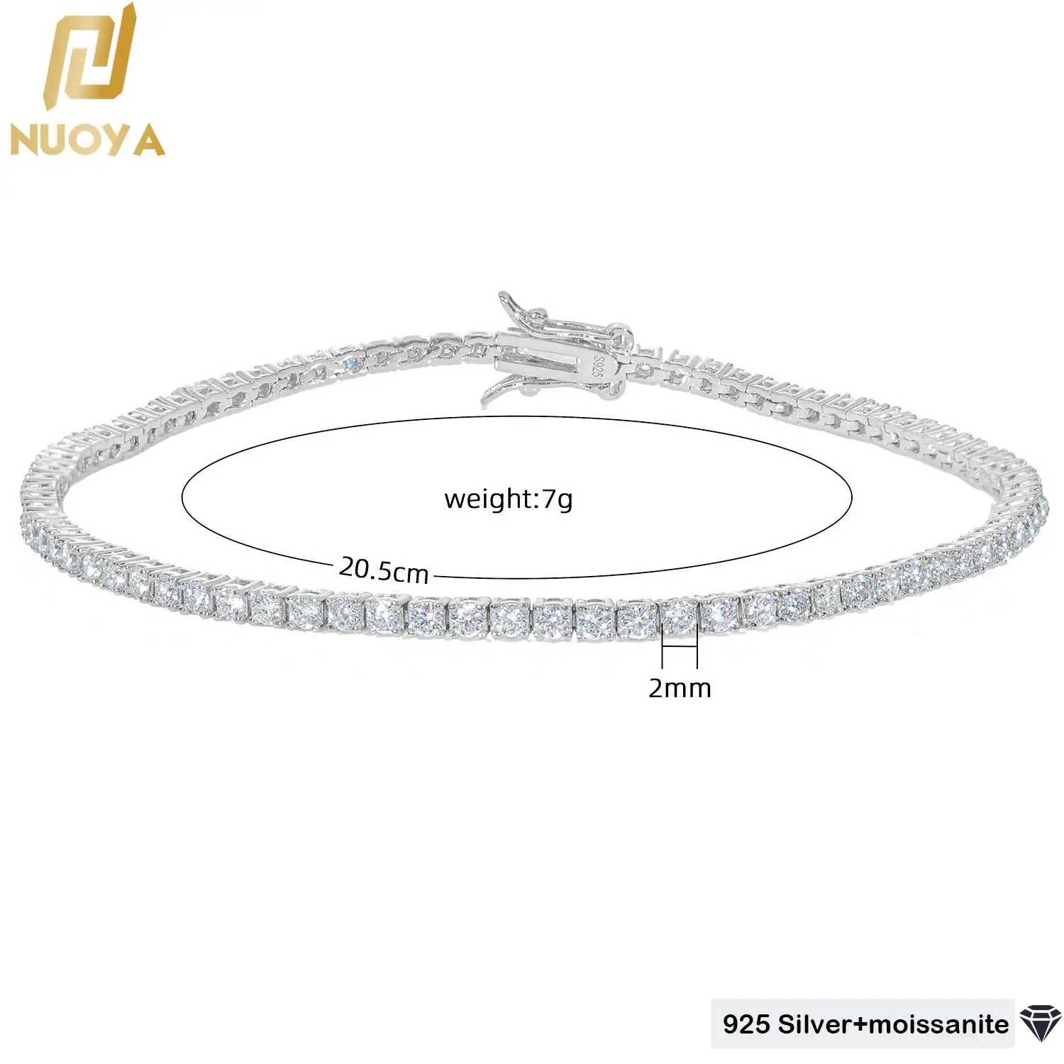 

Nuoya Certified 2mm Moissanite Tennis Bracelet 925 Sterling Silver VVS Round Cut Lab Diamond with GRA Jewelry Men Women Gift