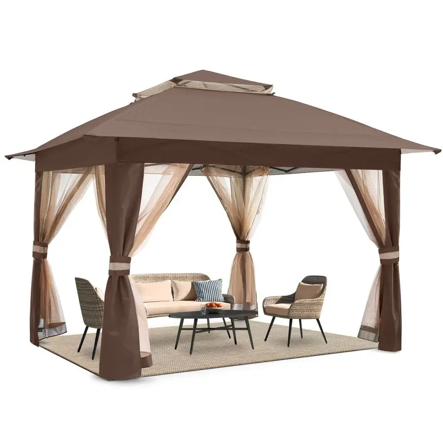 

13x13 Pop Up Gazebo Tent Outdoor Canopy Patio Shelter with Mosquito NettingBrown